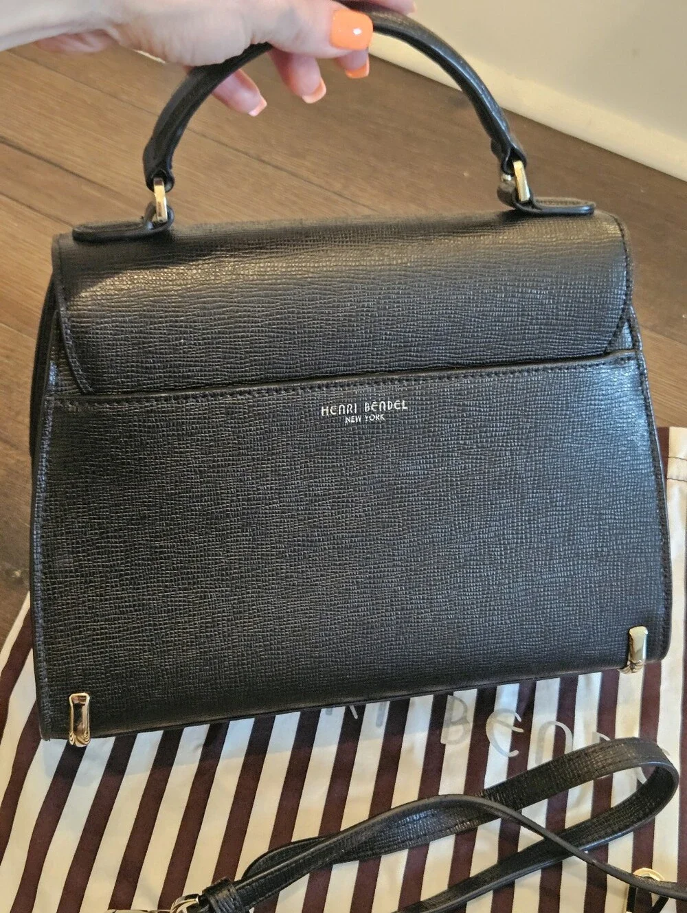 Henri Bendel West 57th Black Leather Satchel Crossbody Top Handle Bag Dust Bag